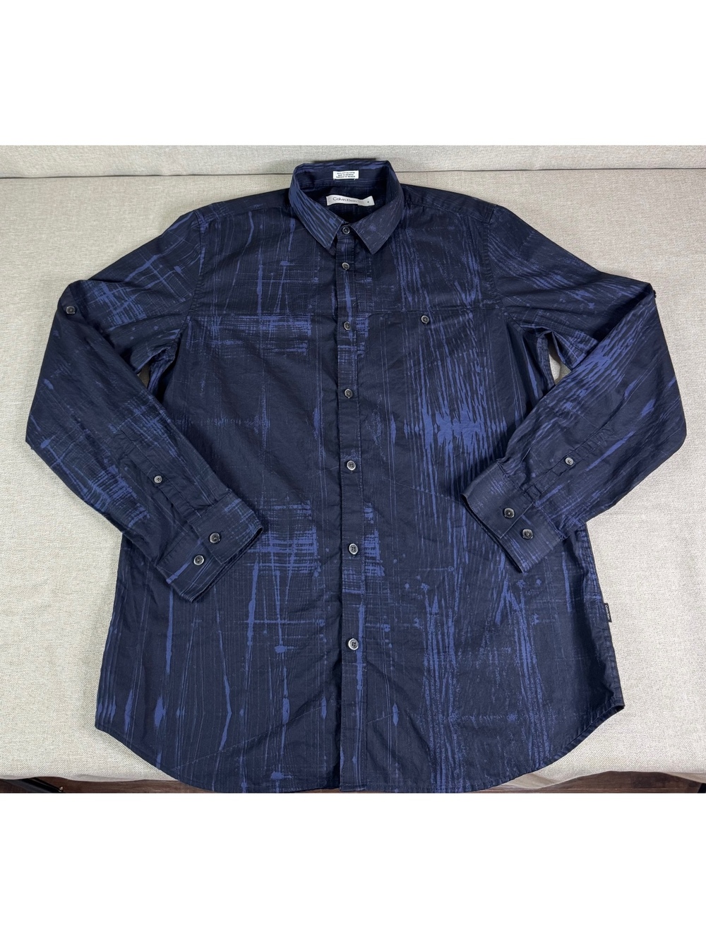 Calvin Klein Men's Medium Button-Up Shirt Navy Blue Cotton Patterned